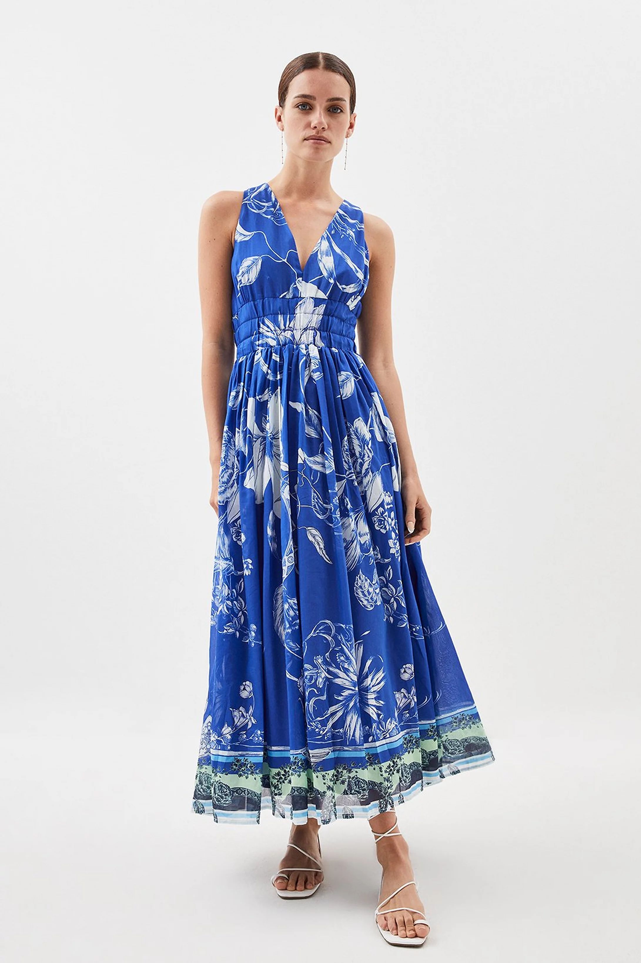 Petite Placed Floral Silk Cotton Maxi Dress | Karen Millen US