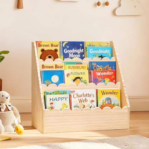 BEAJOYA Scalloped Kids Book Shelf, Montessori 3-Tier Wooden Toddler Bookshelf for Ages 1–5, Nursery & Kids Room Bookshelf, Safe & Sturdy Playroom Book Shelf, Natural Wood | Amazon (US)