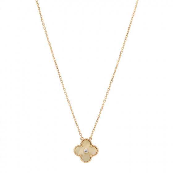 VAN CLEEF & ARPELS 18K Yellow Gold Diamond Yellow Mother of Pearl Vintage Alhambra Pendant Neckla... | Fashionphile