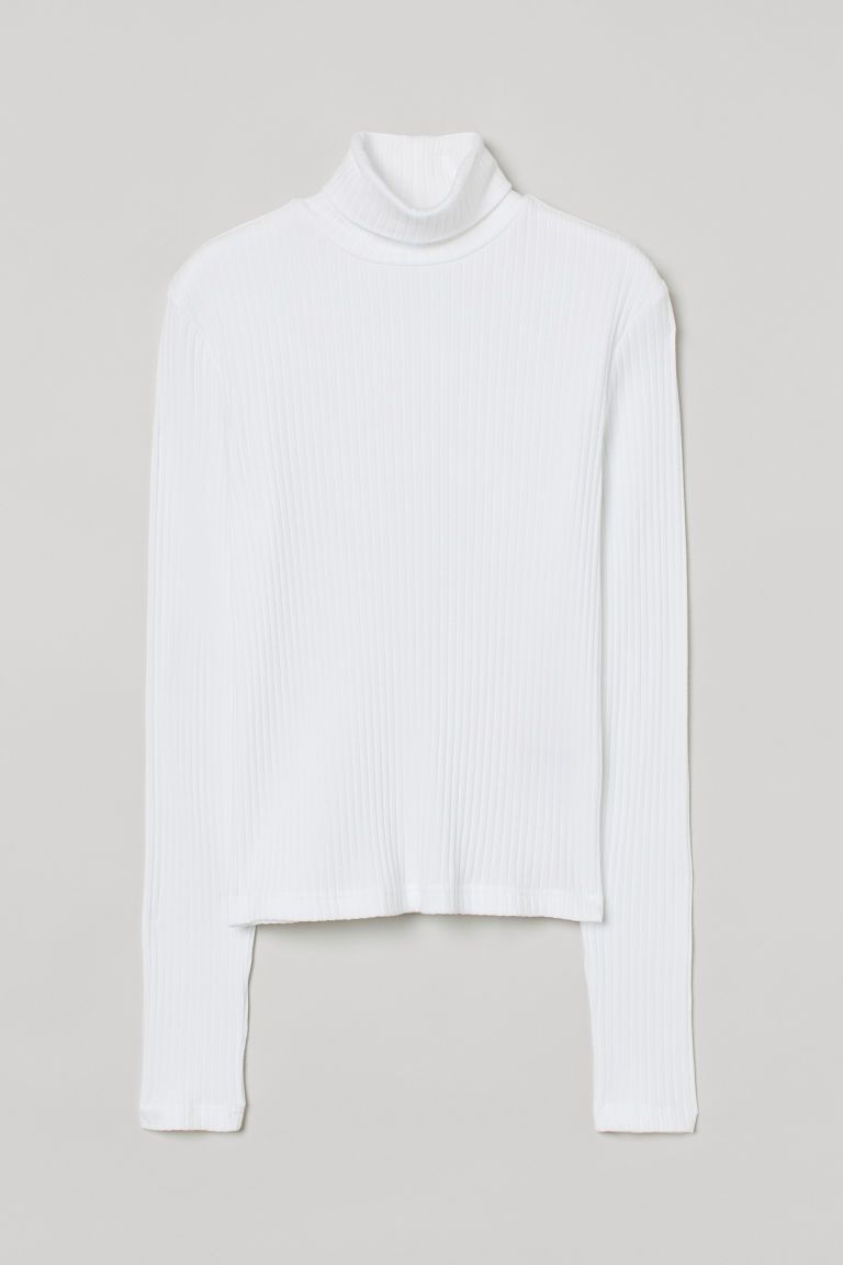 H & M - Ribbed Turtleneck Top - White | H&M (US)