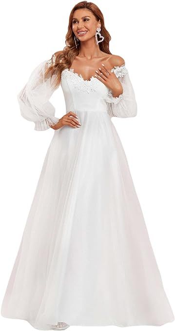 Ever-Pretty Women's A Line V Neck Floor-Length Off Shoulder Long Sleeves Puffy Tulle Wedding Dres... | Amazon (US)