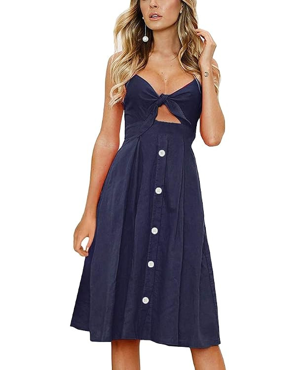 FANCYINN Womens Tie Front Button Down A-Line Dresses Summer Spaghetti Strap Midi Dress Floral Pri... | Amazon (US)
