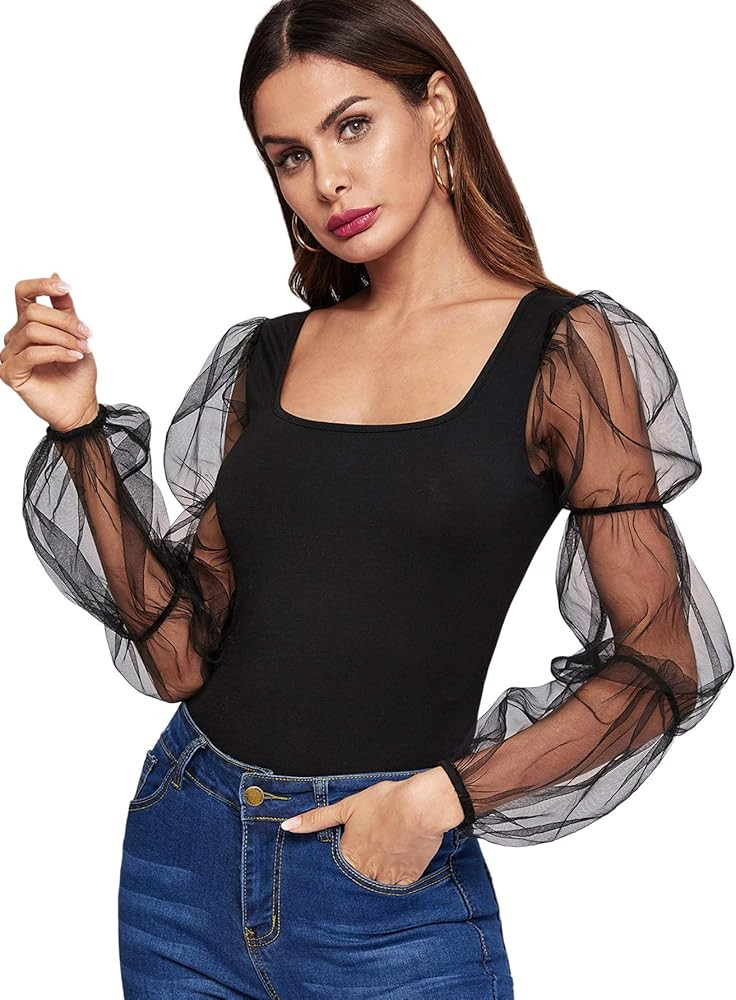Romwe Women's Elegant Mesh Puff Sleeve Slim Fit Party Summer Crop Blouse Tops | Amazon (US)