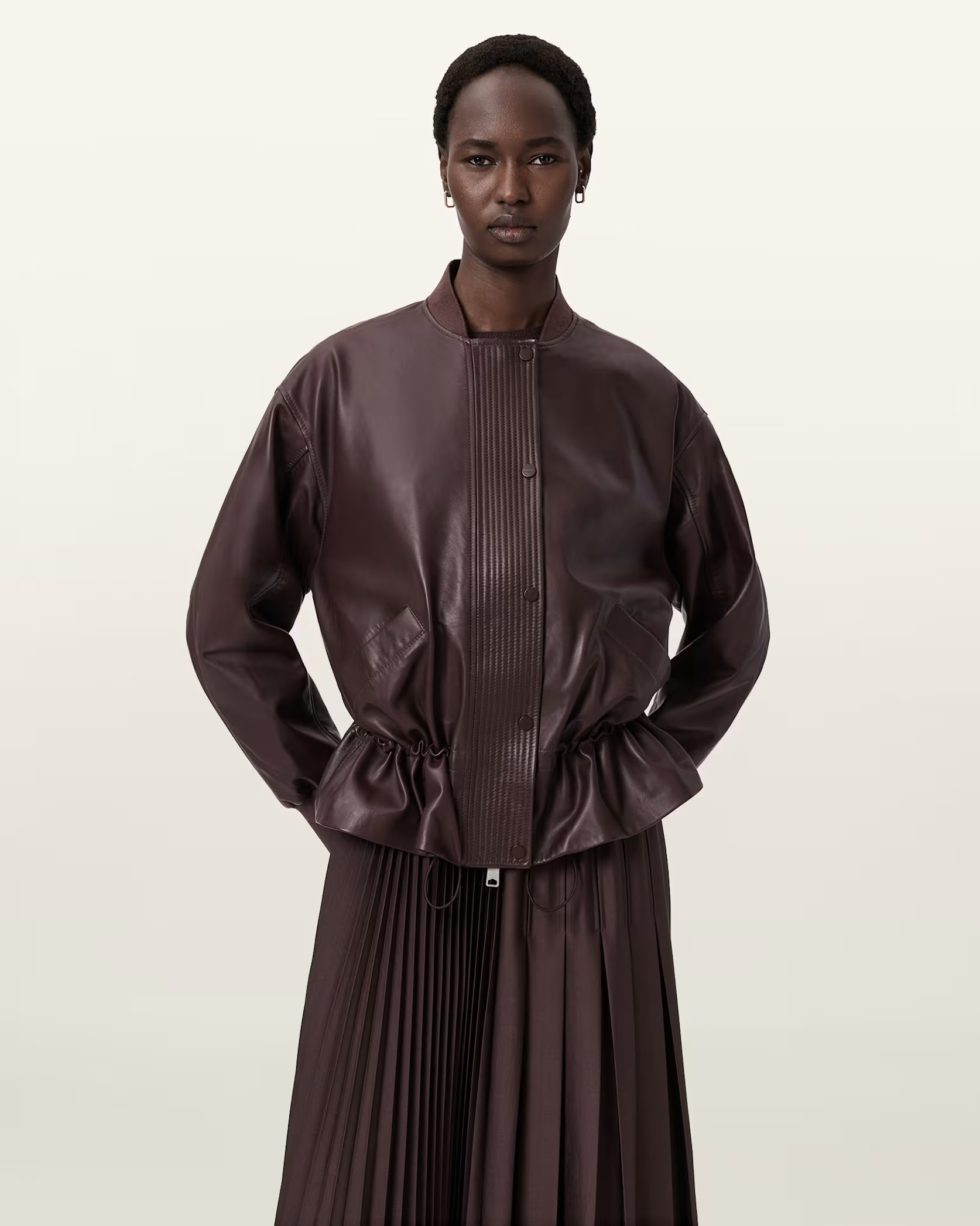 Sofi Drawstring Leather Bomber Jacket OXBLOOD RED | ALLSAINTS | AllSaints UK