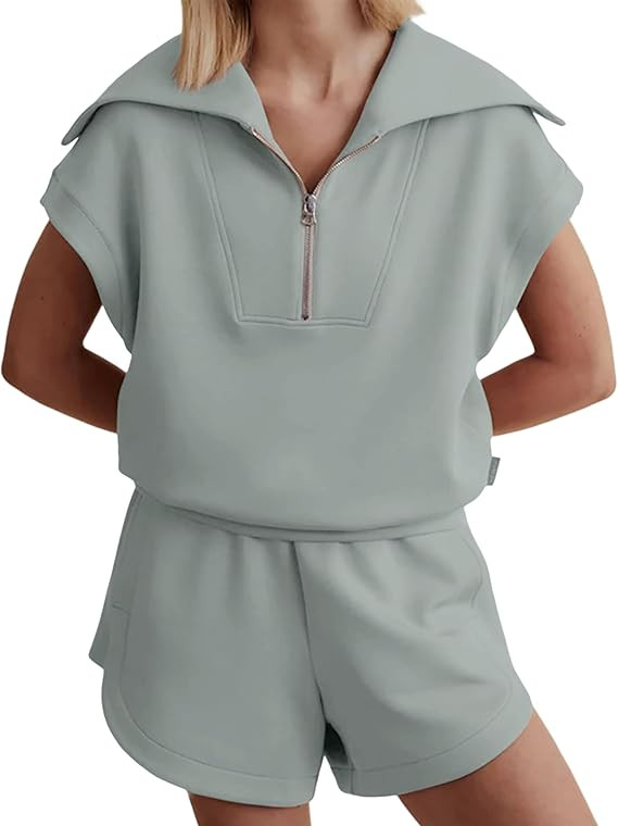 SAFRISIOR Women Casual Two Pieces Outfits Half Zip Lapel Collar Short Sleeve Sweatshirt high Wais... | Amazon (US)