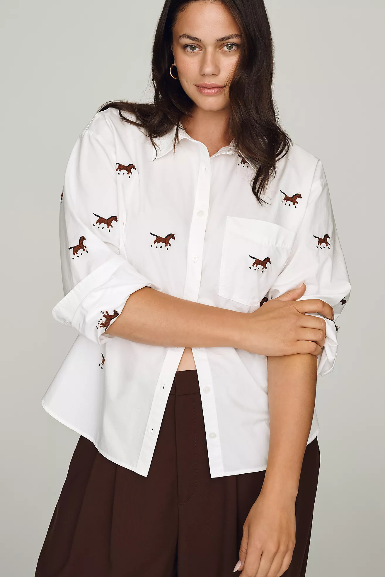 Maeve Shrunken Bennet 100% Cotton Embellished Buttondown Shirt | Anthropologie (US)
