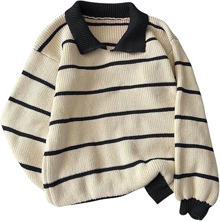 Floerns Women's Collared Striped Sweaters Preppy Oversized Knit Fall Pullover Sweater | Amazon (US)