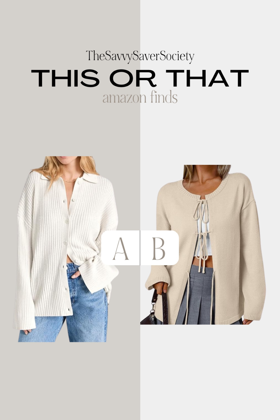 This or that: AMAZON FINDS

Casual outfit, outfit ideas, elegant style, minimal style, fashion inspo, neutral style, Amazon fashion, Amazon finds, ootd, basics, street style, neutral outfits, summer outfit, summer style, summer fashion, summer outfits, styling ideas, what to wear, chic style, outfit inspo, simple outfits, sweater, cardigan 

#LTKSeasonal #LTKFindsUnder50 #LTKStyleTip