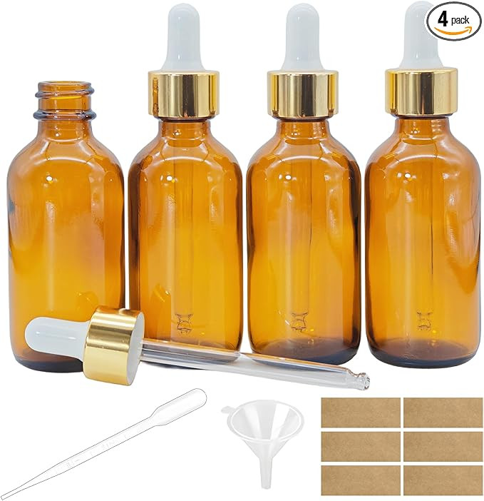 4 PACK 2 oz Dropper Bottle with 1 Funnel & 6 Labels & 1 Long Pipette, 60 ml Leak-proof Amber Glas... | Amazon (US)