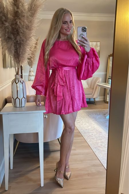How gorgeous is this pink satin dress for the holidays? It would be so cute for a holiday party or any night out! I love that the neckline makes it family appropriate, while the fitted waist makes it flattering.

#LTKHoliday #LTKfindsunder100 #LTKstyletip