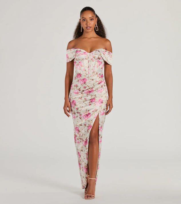 Mildred Off-The-Shoulder Floral Satin Formal Dress | Windsor Stores