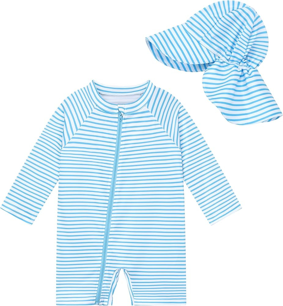 UPF 50+ Baby Toddler Boy One Piece Swimsuit with Sun Hat Long Sleeve Zipper Rashguard Bathing Sui... | Amazon (US)