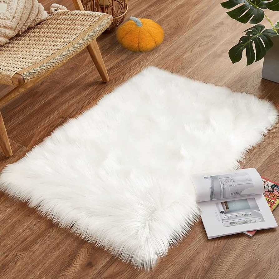 Faux Fur Rug Throw Small White 2x3 Sheep Skin Fluffy Washable Rug for Bedroom Dorm Bedside Rug Lu... | Amazon (US)