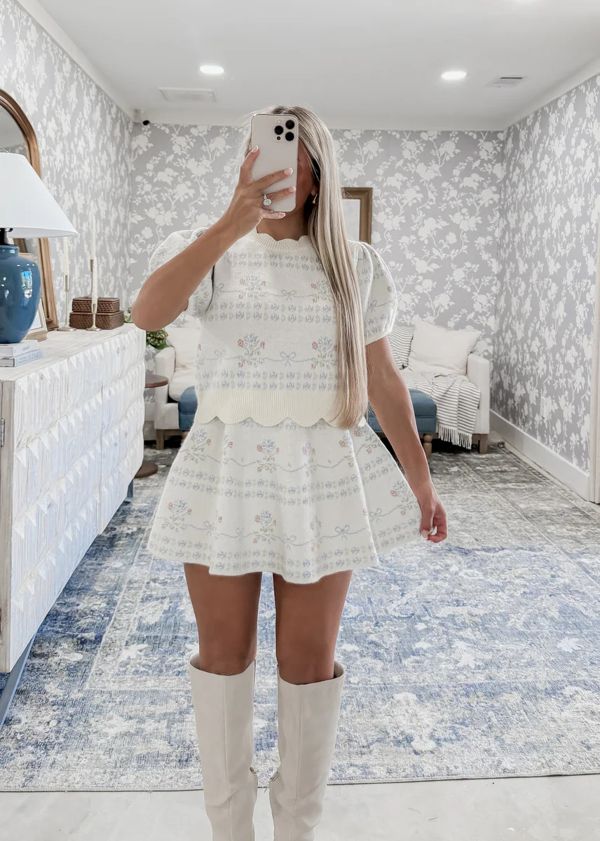 All In Your Hands Floral Jacquard Knit Scalloped Top & Skirt Set - Cream | CK Squared Boutique