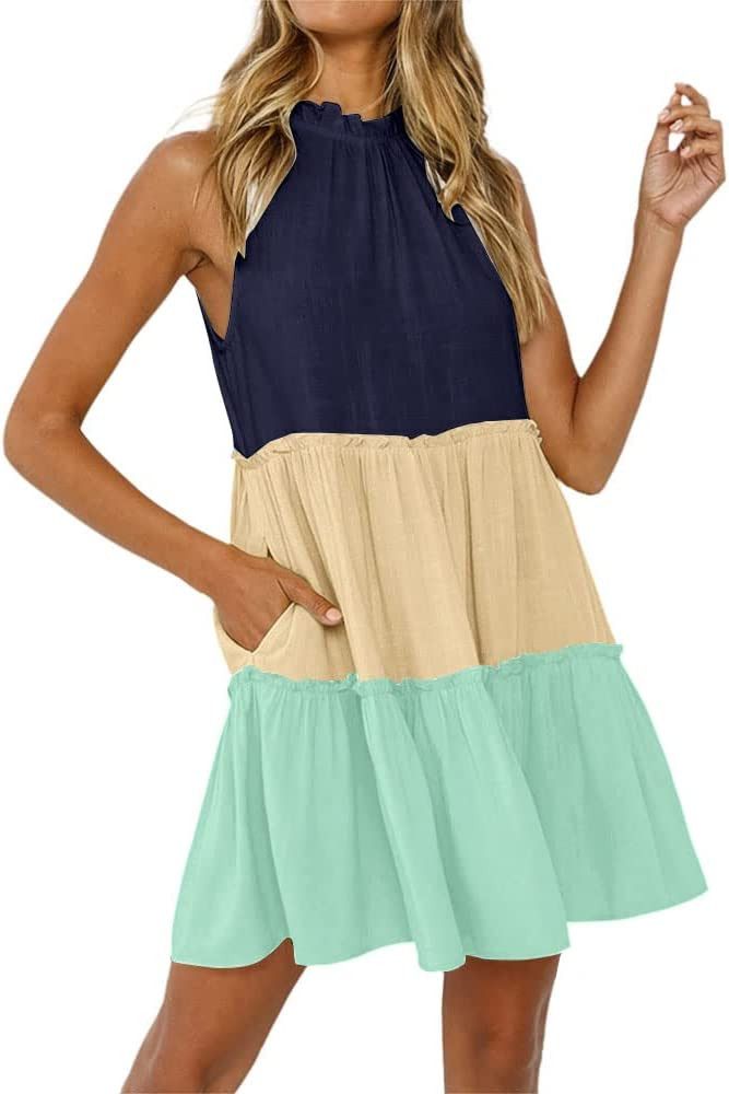 Imily Bela Womens Summer Dresses Casual Boho Sleeveless Halter Sun Dresses Smocked Tiered Color B... | Amazon (US)
