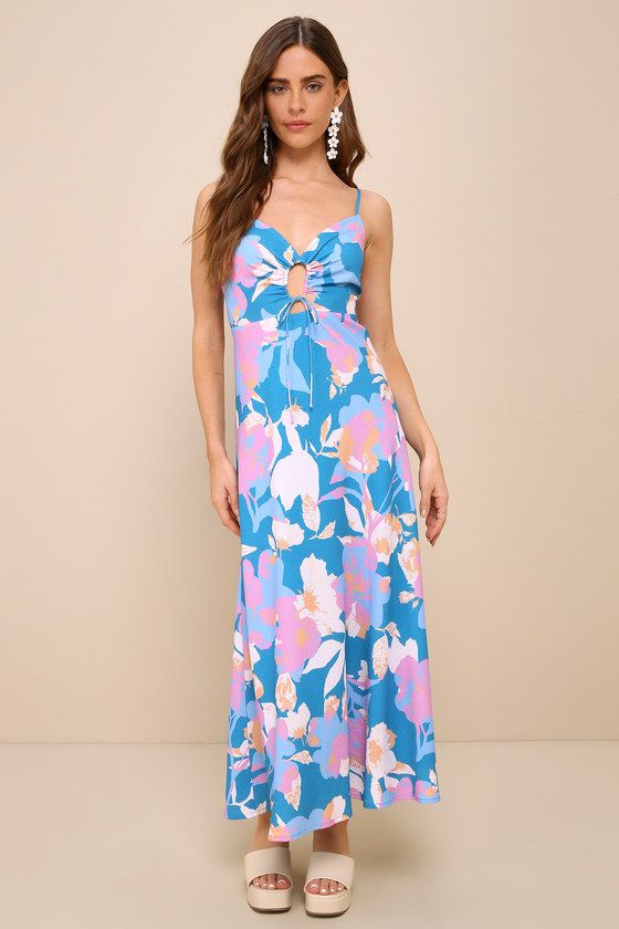 Celebrating Sun Teal Blue Tropical Floral Cutout Midi Dress | Lulus
