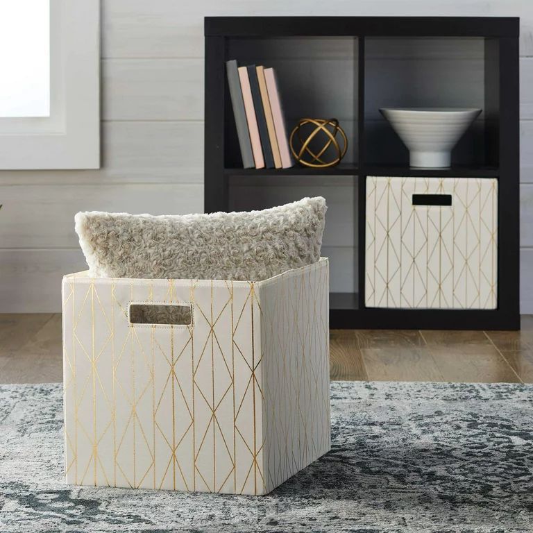 Better Homes & Gardens 12.75" Fabric Cube Storage Bin, Gold and Ivory | Walmart (US)
