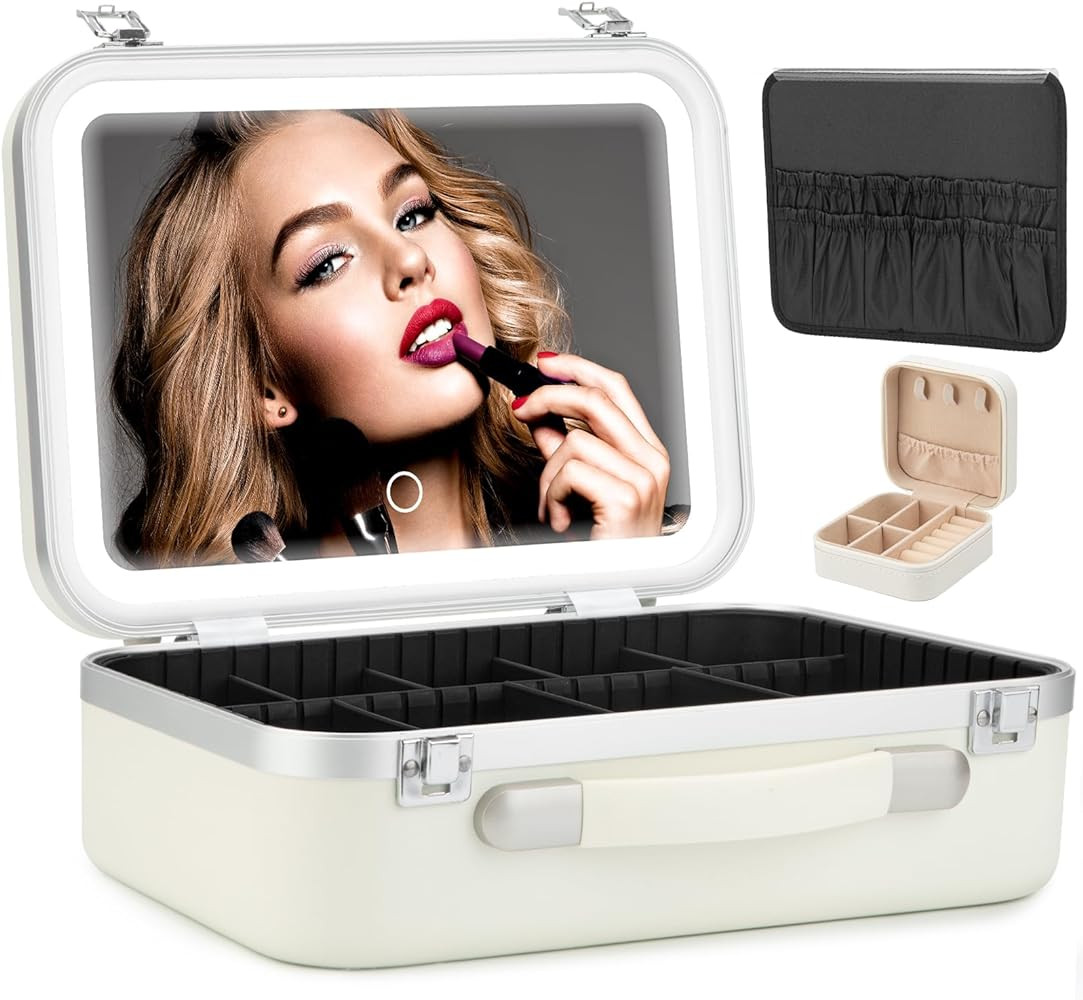 Travel Makeup Case with Light Up Mirror,Portable Waterproof Make Up Lighted Case with 3 Adjustabl... | Amazon (US)