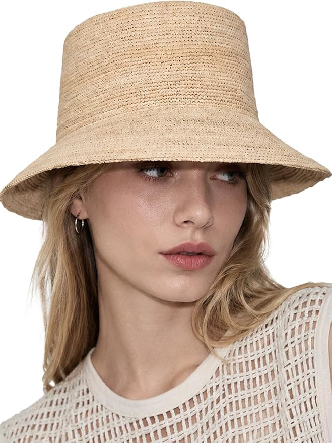 Natural Raffia Straw Bucket Hat for Women Sun Beach Handmade Raffia Woven Bucket Hat Foldable Sum... | Amazon (US)