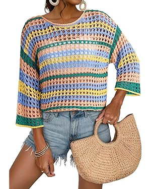 Dokotoo Womens Spring Summer 3/4 Sleeve Crochet Sweater Hollow Out Color Block Striped Tops Casua... | Amazon (US)