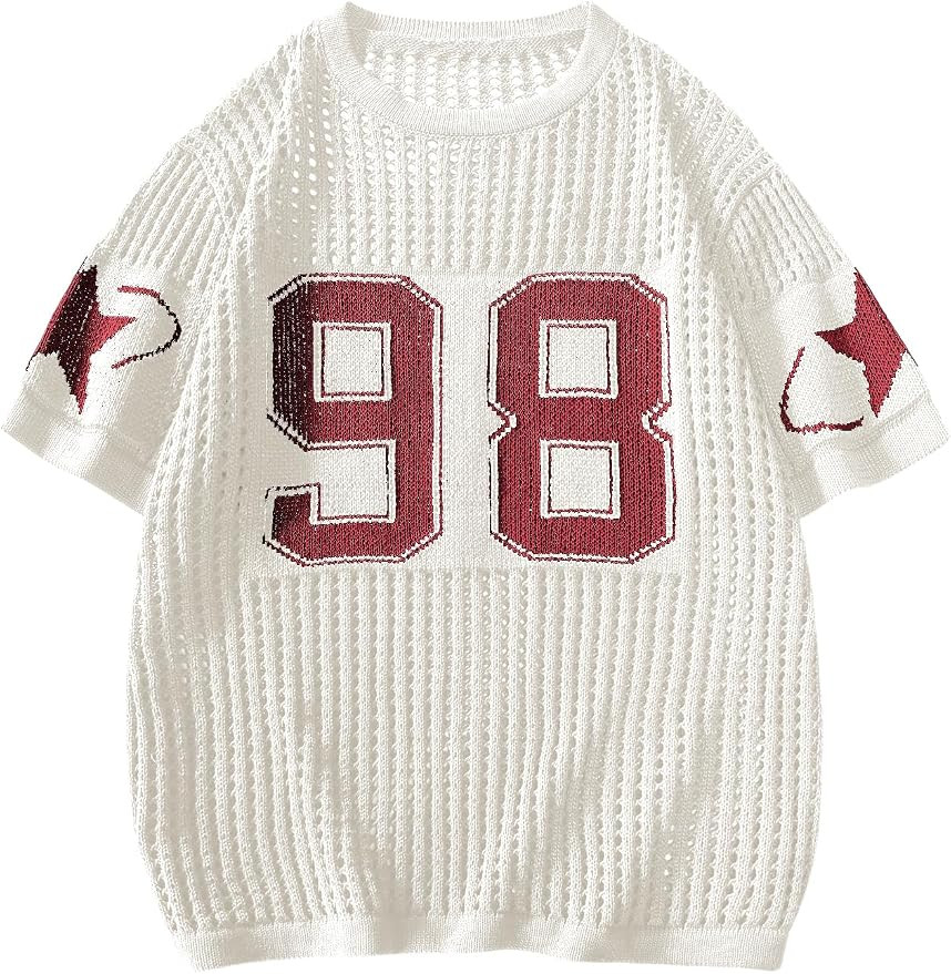 BEAUDRM Women's Y2K Jersey Shirts Oversized Number Crochet Hollow Out Jersey Tee Sweater Crew Nec... | Amazon (US)