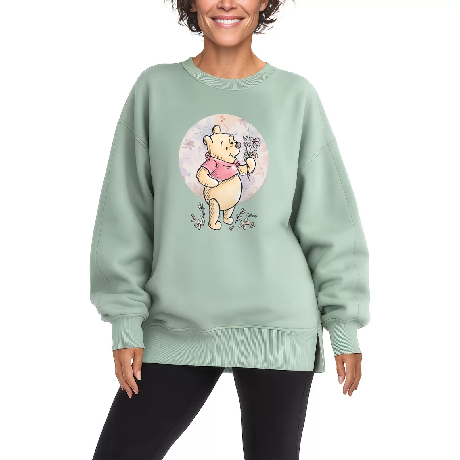 Women's Disney's Winnie The Pooh Floral Oversized Fleece Crew Sweatshirt, Size: XXL, Seafoam | Kohl's