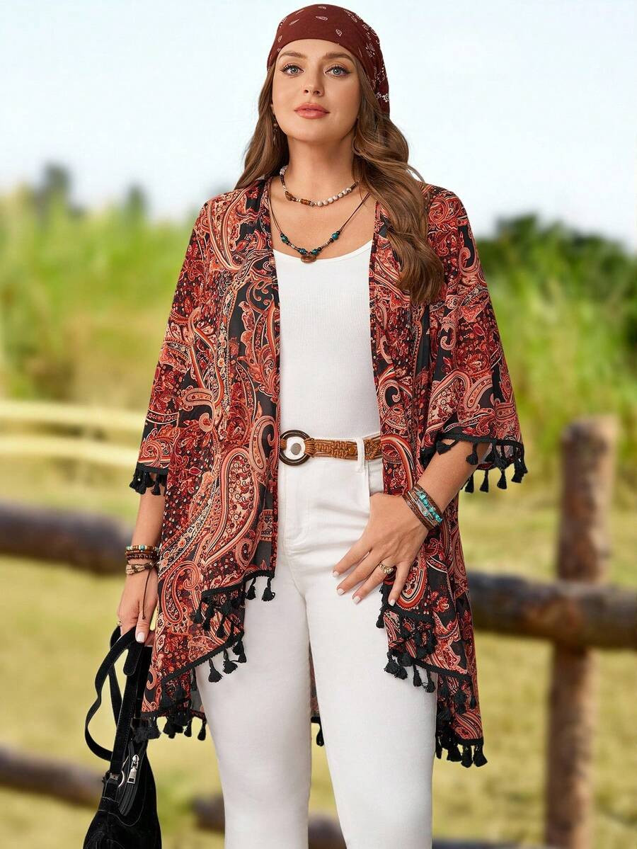 Rosumi Plus Size Women's Bohemian Paisley Print Tassel Decor Jacket, Summer Outfit For Women,Spri... | SHEIN