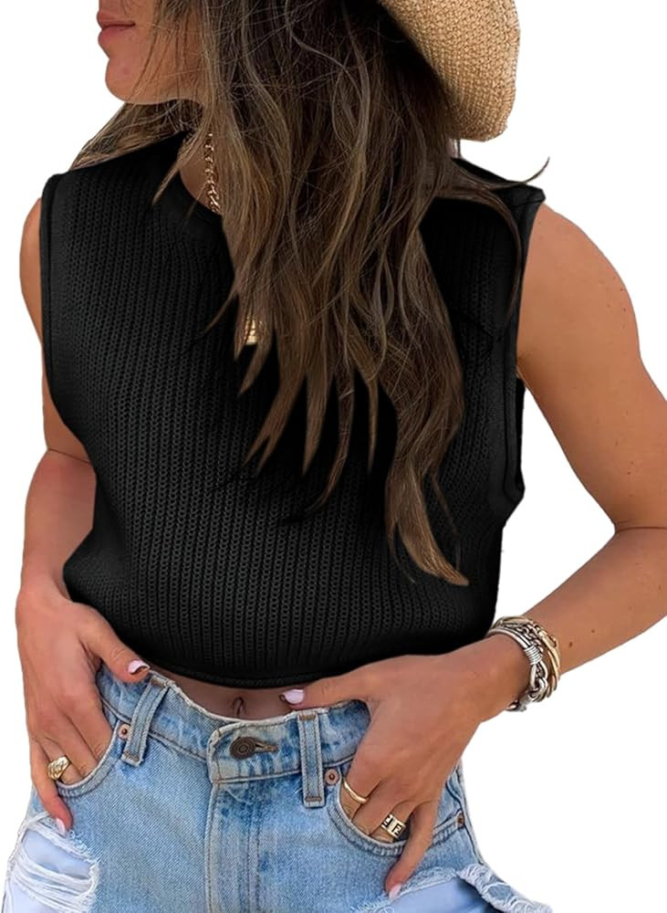 Saodimallsu Womens 2024 Summer Crop Tops Casual Sleeveless Crewneck Loose Fit Ribbed Knit Solid C... | Amazon (US)