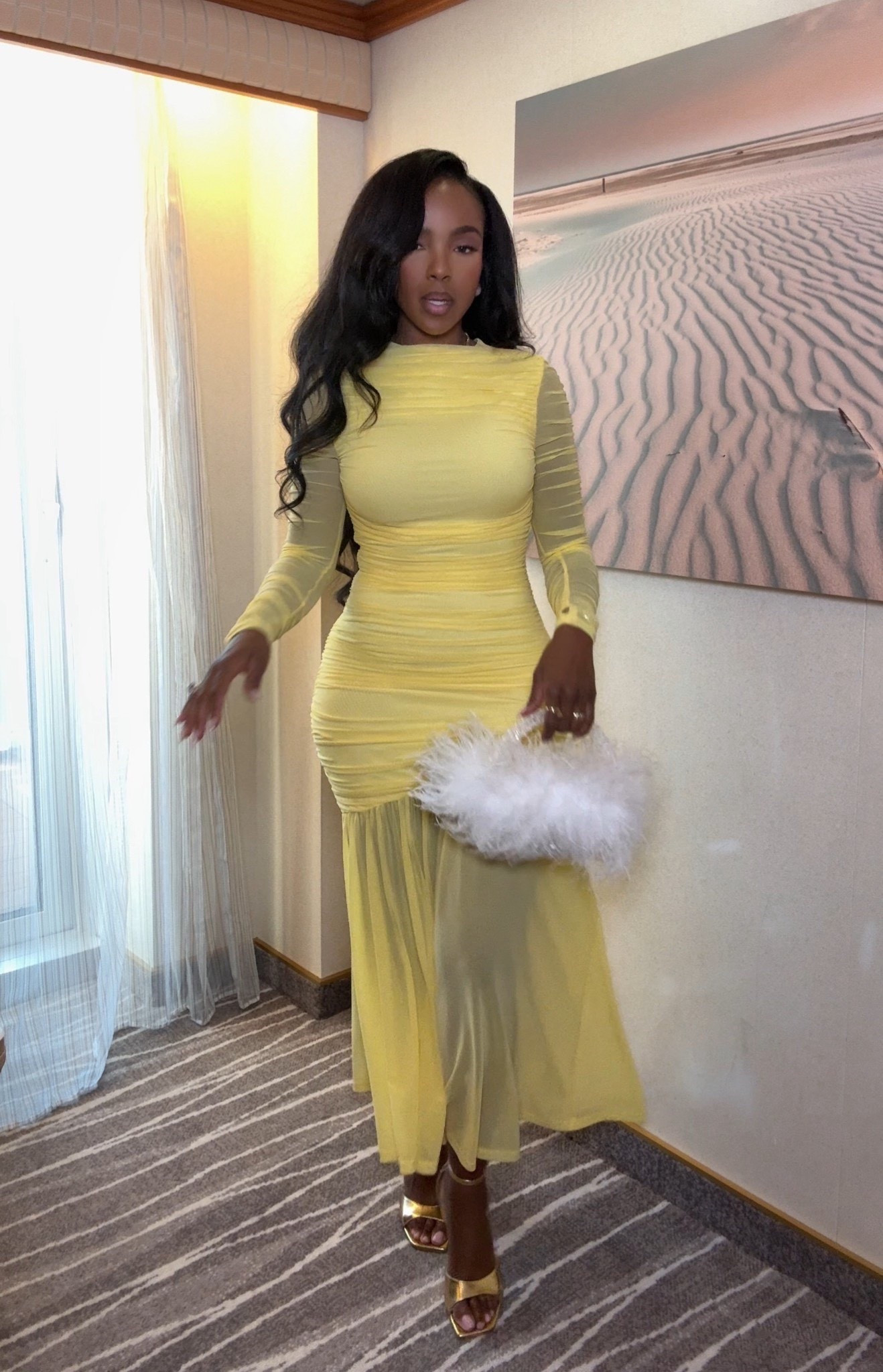 ✨ Golden Hour Glam — a ruched yellow mesh moment that hugs in all the right places. The sheer detailing and soft drape give this dress an elevated, statement feel while still feeling effortless. Styled with metallic heels and a feather clutch for a luxe finish that photographs beautifully.

Perfect for date nights, weddings, special events, and vacation dinners.

📏 Sizing:
Dress: Size Small  
Shoes: True to size  

📐 Measurements:
5'4" | 138 lbs | 34D | 27" waist | 40" hips

This is one of those standout pieces you’ll reach for again and again — timeless color, flattering fit, and an easy cost-per-wear win when styled multiple ways.

Tap to get details and shop everything linked.

Follow me on Instagram and YouTube @kiras