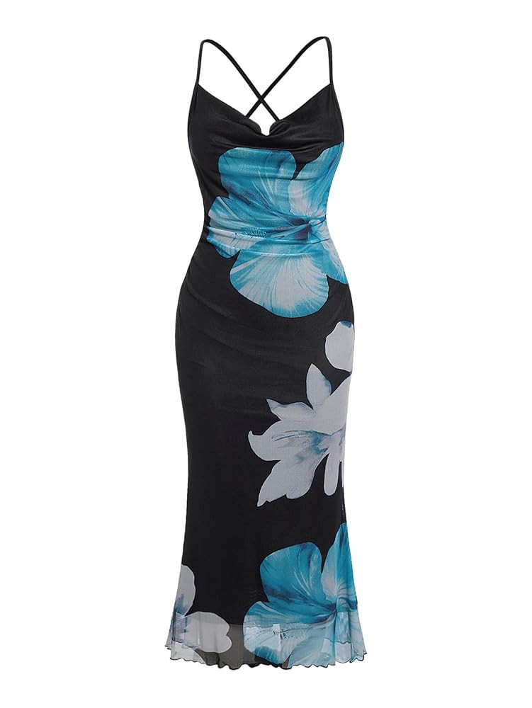 SOLY HUX Women's Floral Mesh Bodycon Cami Dress Cowl Neck Sleeveless Cocktail Party Wedding Guest... | Amazon (US)