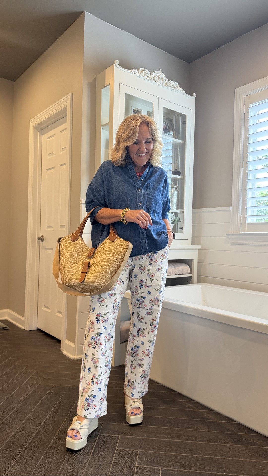My favorite top now comes in chambray and it’s selling fast! Use code NANETTE20 for 20% off  I do size down in the Mabel shirt. Oxfords available too
Sandals are 20% off too 
Use code NANETTE for 10% off my bag 
Jeans size medium they are the cutest!

#LTKootd #LTKOver40 #LTKSaleAlert