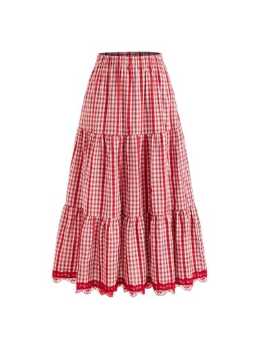 CIDER Women's Gingham Long Skirts Plaid Maxi Skirt Flowy A Line Summer Skirts Casual Trendy Red | Amazon (US)