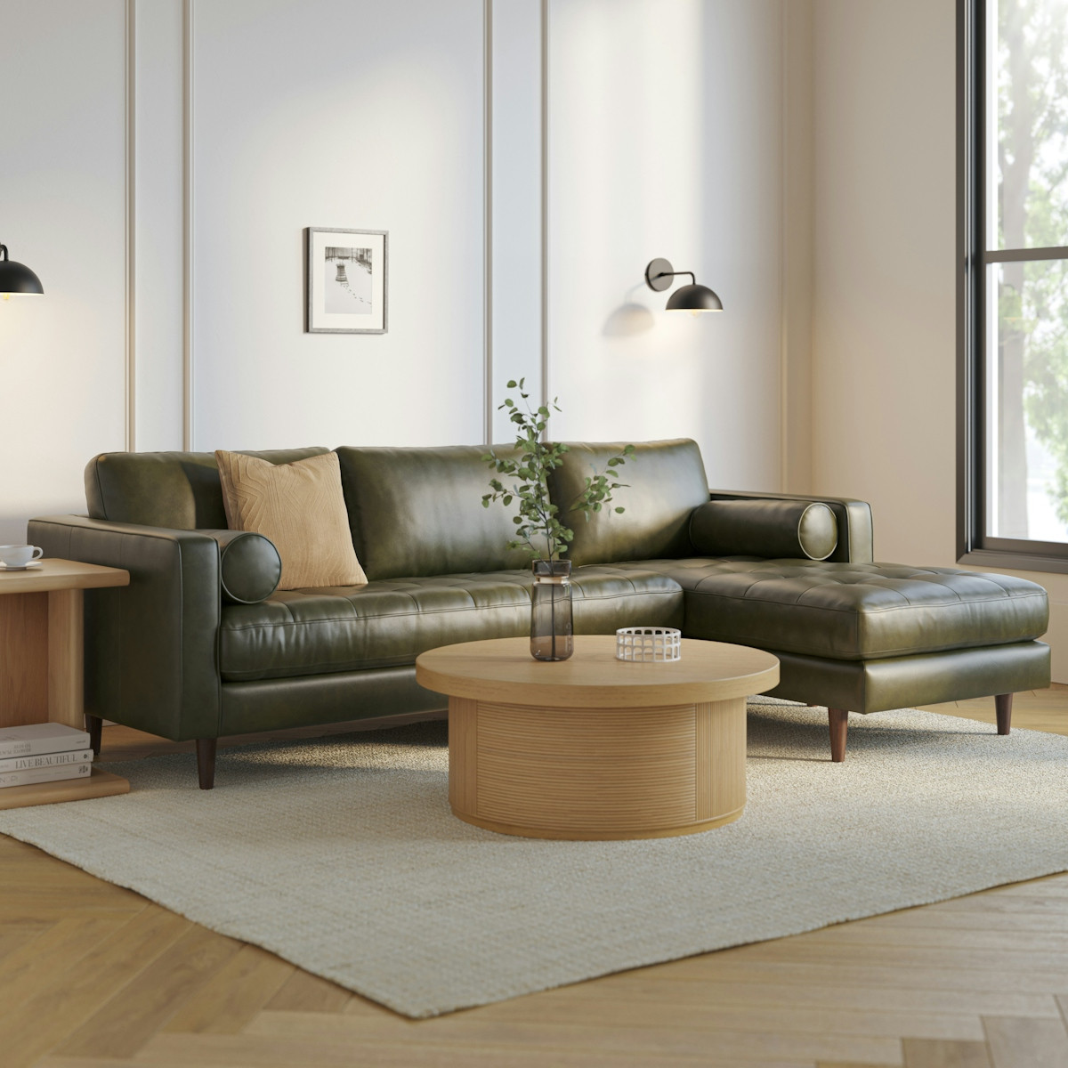 Sven 100" Tufted Leather Right Sectional - Charme Green | Article