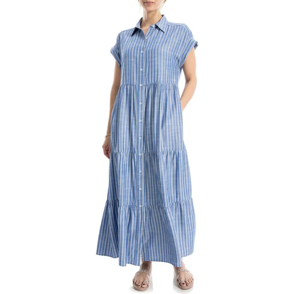 MAX STUDIO Tiered Maxi Shirtdress in Blue/White Stripe at Nordstrom Rack, Size Medium | Nordstrom Rack