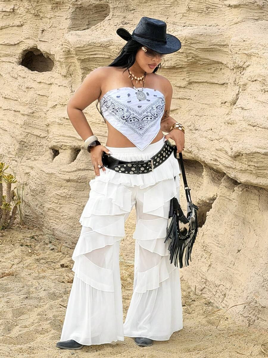 Rustia Plus Size Women's Solid Color Romantic Ruffle Hem Wide Leg Pants | SHEIN