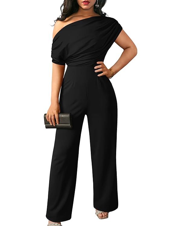 YMDUCH Women's Casual Sleeveless Off Shoulder Wide Leg Long Pant Jumpsuits | Amazon (US)