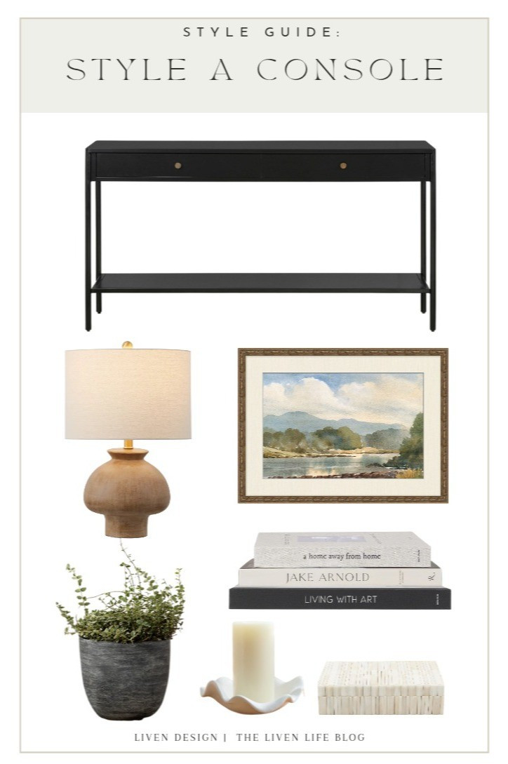 Style guide. Black console. Console styling. Entryway. Home decor. Landscape painting. Wood modern table lamp. Coffee table books. Decorative box. Bone box. Planter. Earthy. Traditional modern. Pillar candle holder. 

#LTKHome #LTKSaleAlert #LTKSeasonal