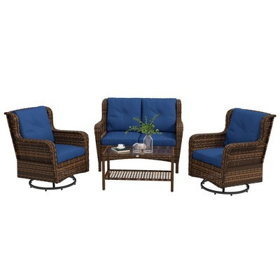 Outsunny Patio Furniture Set, 4 Piece PE Rattan Outdoor Furniture with 2 Swivel Glider Chairs, 2-Tier Glass Table & Loveseat Sofa, Dark Blue | Target