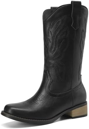 Athlefit Cowboy Cowgirl Boots for Women Mid Calf Square Toe Comfortable Pull On Chunky Heel Embro... | Amazon (US)