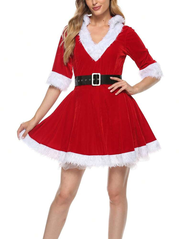 Women's Belted Christmas Dress, Half Sleeve A-Line Dress, Santa Claus Cosplay Costume | SHEIN