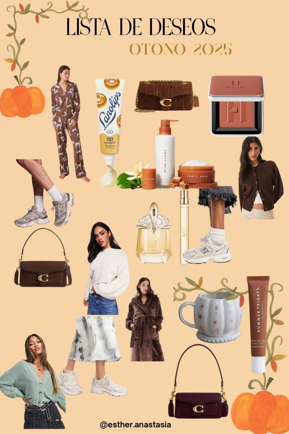Lista de deseos para este otoño 2025 
Tenéis los productos exactos y abajo algunos que el precio varía y está asequible 
#otoño #london #spain #pijama #lipbal #brownbag #coachbag