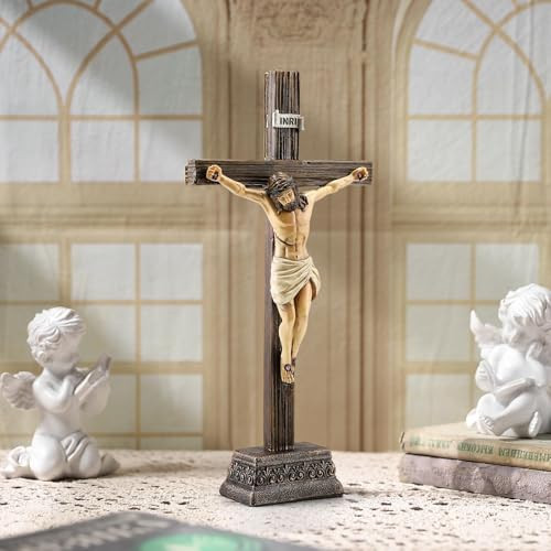 Magicsculp 10.8" H Jesus Crucifix Statue - Resin Standing Wall Cross Decoration, Praying Religious Figurine Jesus Christ Catholic Display, Hanging or Tabletop with Stand for Home Decor | Amazon (US)