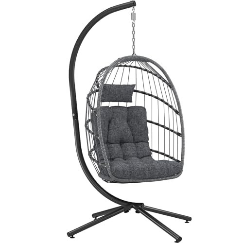 LEYCAY Hanging Egg Chair with Stand, Outdoor Indoor Swing Egg Chair with Cushion, Wicker Hammock for Patio, Bedroom 350 LBS Capacity-Dark Grey | Amazon (US)