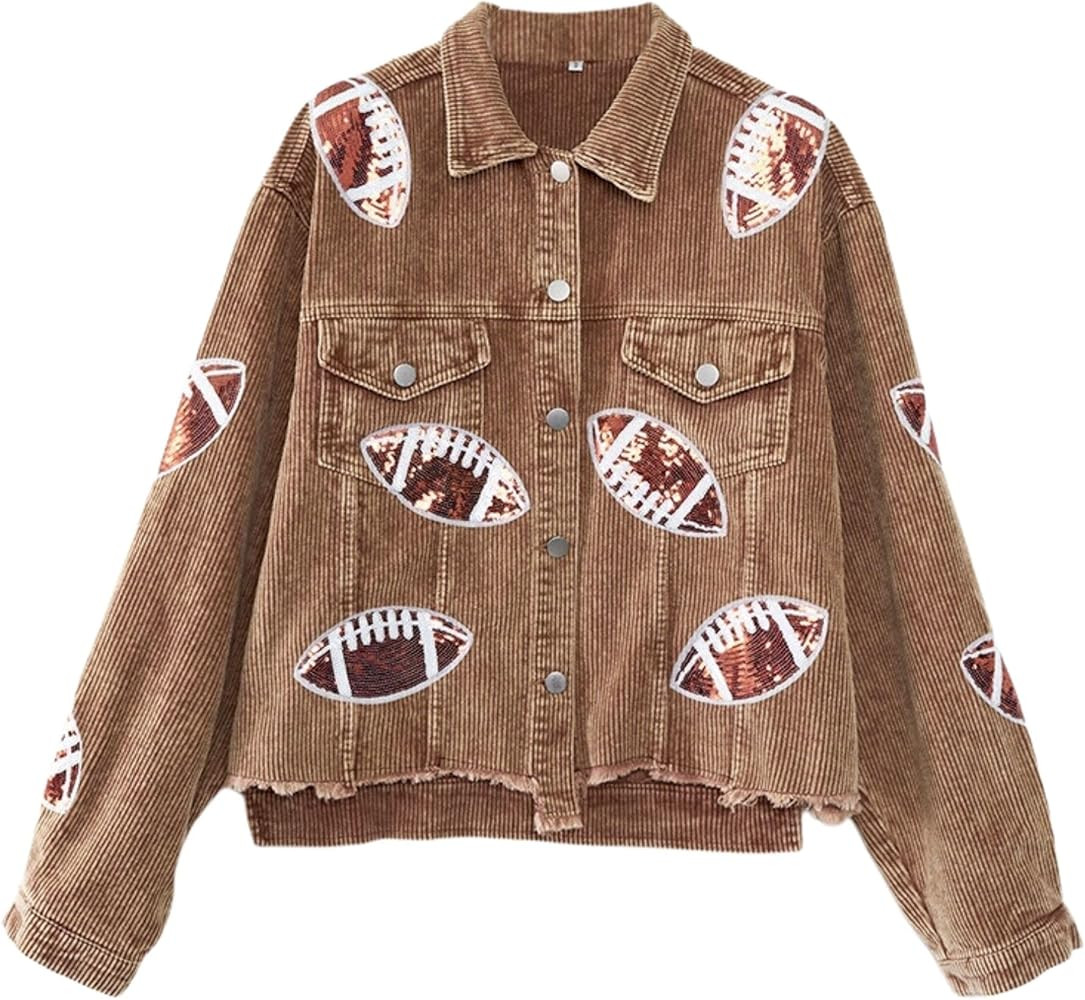 Xunger Women’s Football Corduroy Sequin Jacket Cropped Distresses Rugby Patched Shacket Coat | Amazon (US)