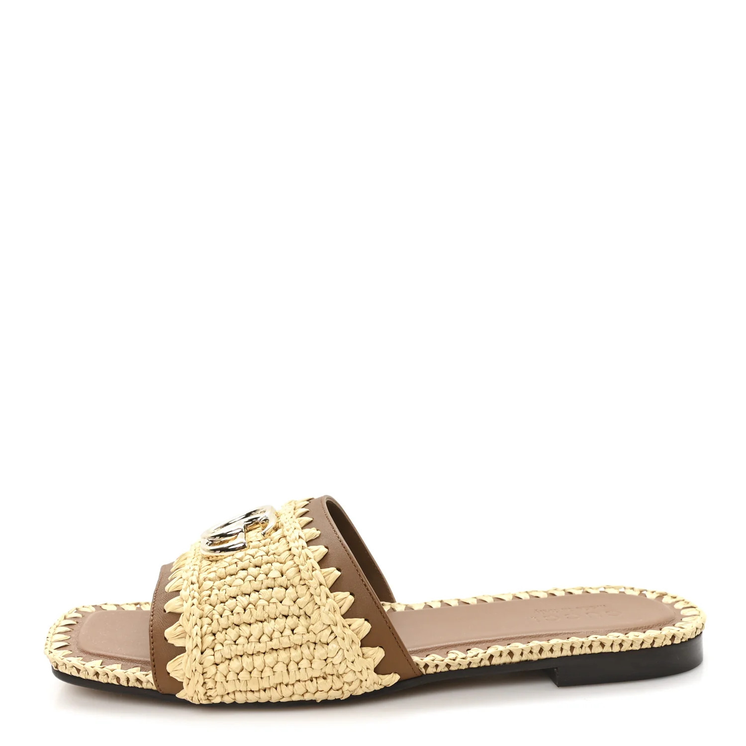 Raffia Interlocking G Flat Slide Sandals 37.5 Bright Natural Sundial | FASHIONPHILE (US)