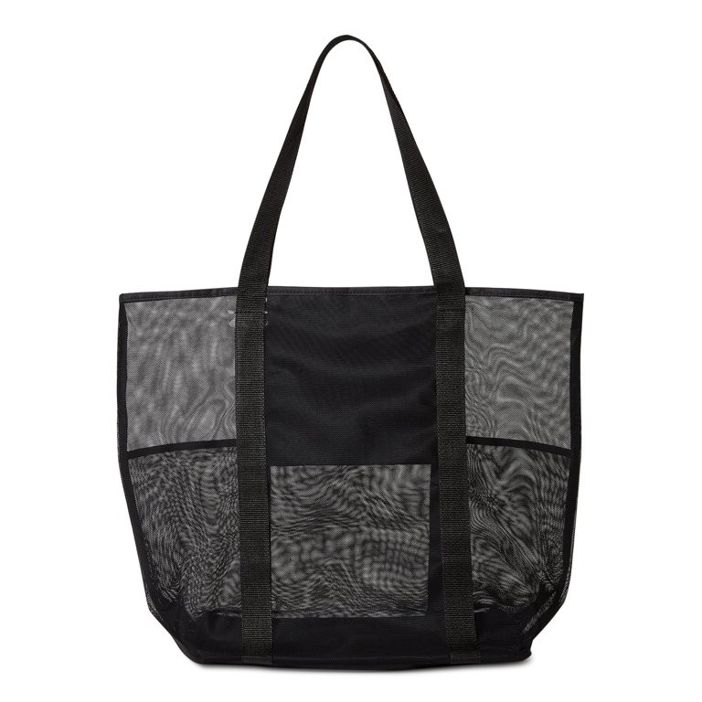 Time and Tru Women's Mesh Beach Tote Bag, 2-Pack Palm Mint Chip / Black | Walmart (US)