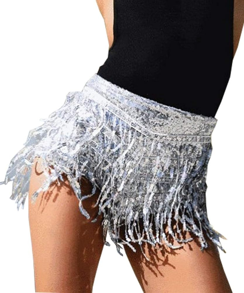 Yollmart Women's Sequins Tassel Skirts Shorts Booty Dance Festival Bottoms | Amazon (US)