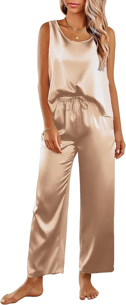 Ekouaer Womens Satin Pajamas Set Back Split Top and Long Pant Silk Pj Set Tank Sleepwear S-XXL | Amazon (US)