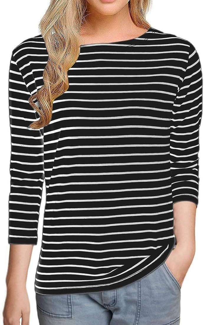 Remidoo Women Boat Neck Striped T-Shirt Short Sleeve / 3/4 Sleeve/Long Sleeve Tees Slim Fit Blous... | Amazon (US)