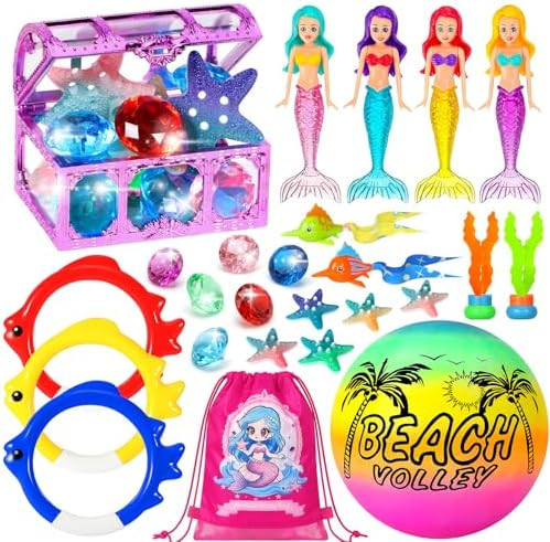 25 Pcs Pool Diving Toys for Kids Ages 3-12, Mermaid Dive Pool Toys with Diving Gems and Treasure ... | Amazon (US)